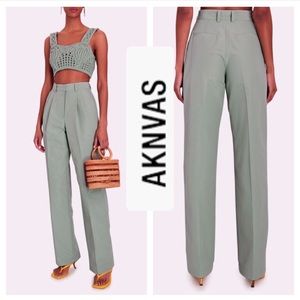 AKNVAS O’CONNOR Pleated Blue Green High Rise Straight Leg Pants Size 10